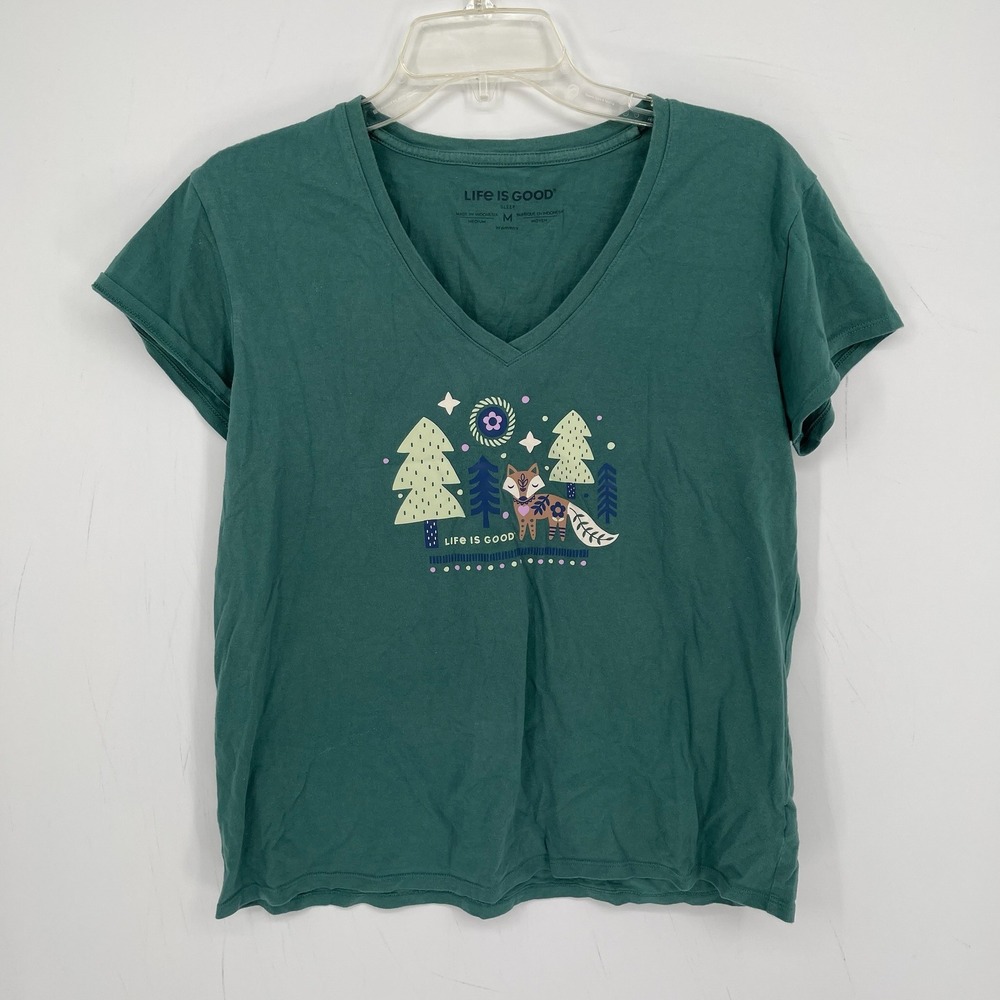 Life is Good Women's Green Starry Night Nordic Fox V-Neck Sleep T-Shirt Size M
